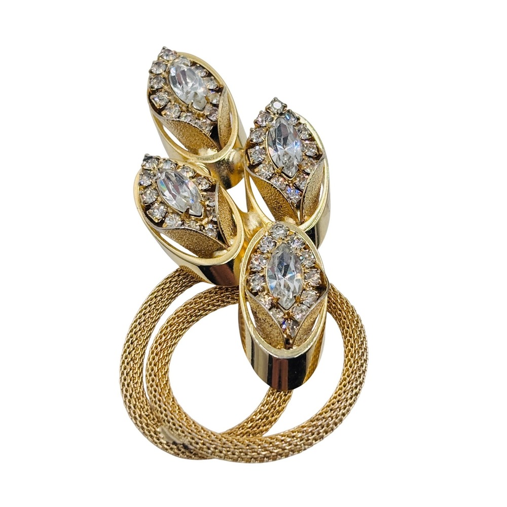 Kramer of New York Vintage Gold Tone Mesh Floral Rhinestone Crystal Brooch Pin